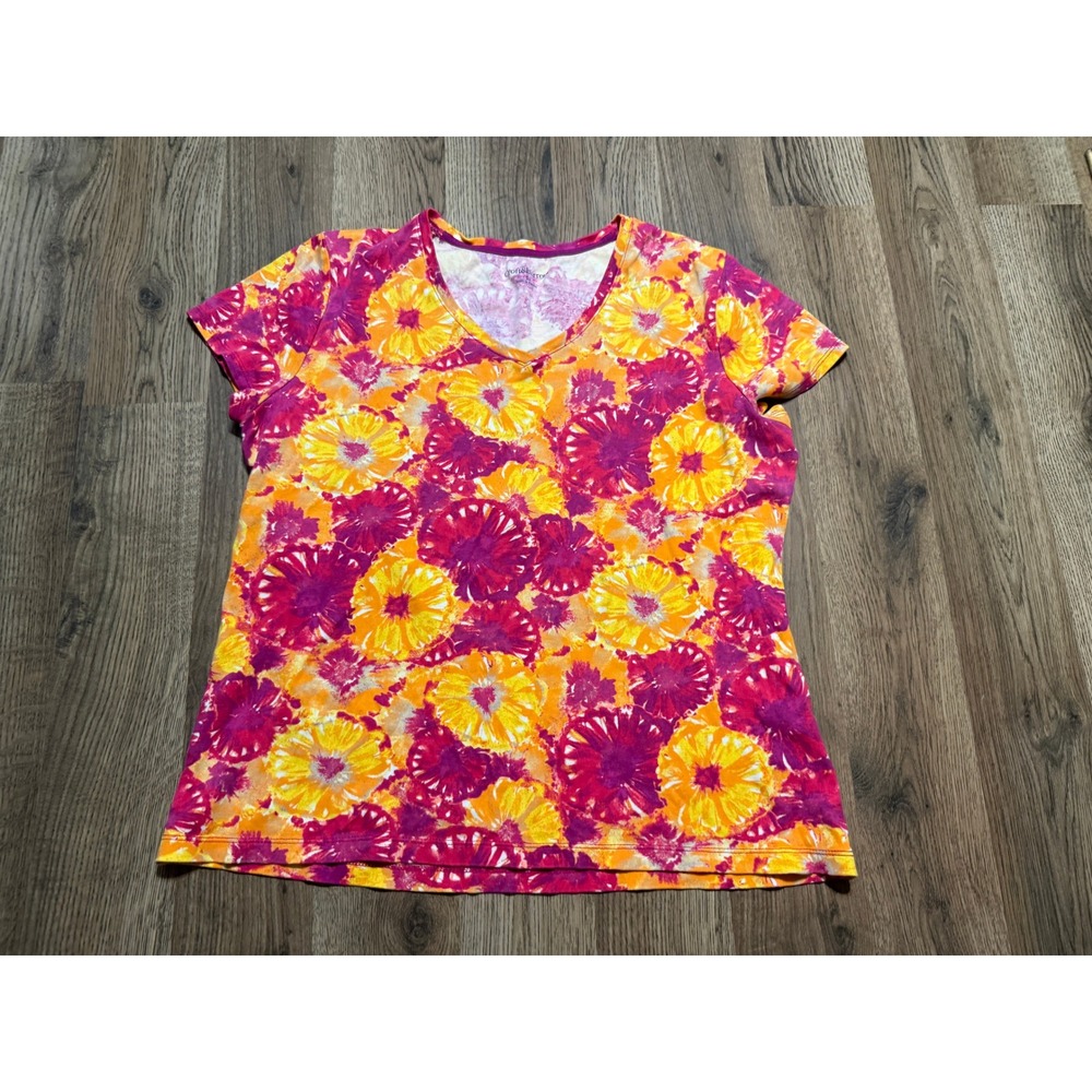 Croft & Barrow T-Shirt Womens Large Orange Pink Floral V-Neck 100% Cotton Top